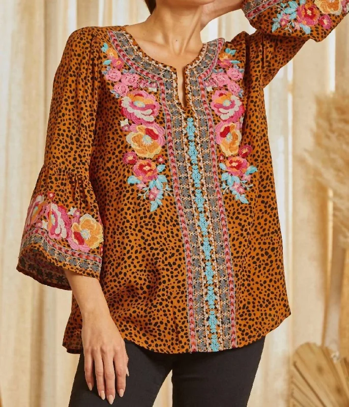 Embroidered Split Neckline Top In Mocha Multi