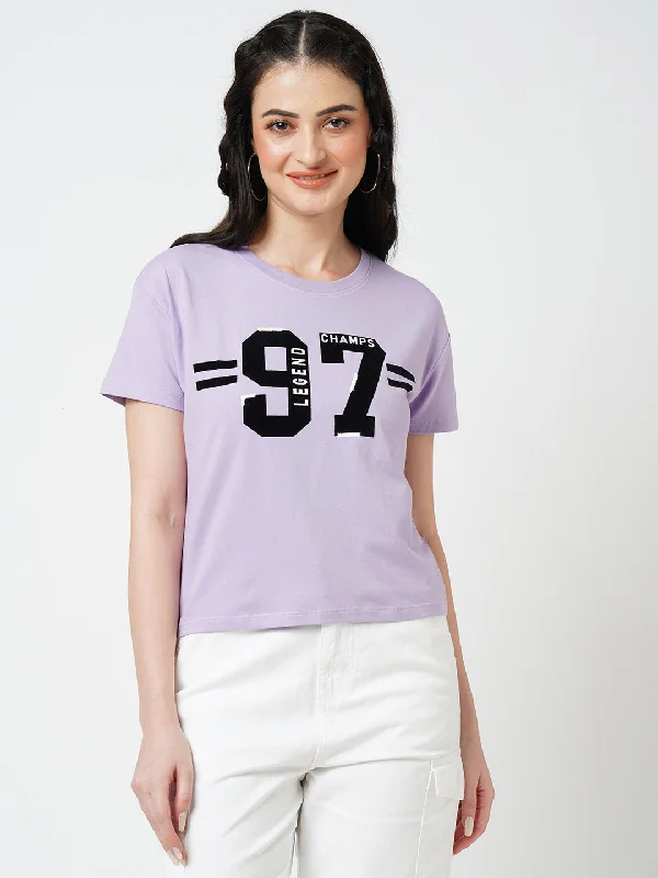 Women Lilac Chest Printed Short Sleeves T-shirt