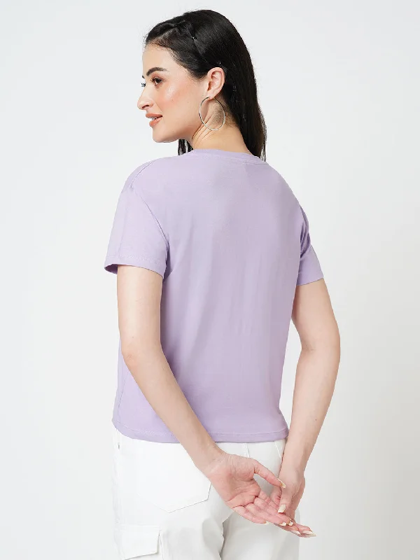 Women Lilac Chest Printed Short Sleeves T-shirt