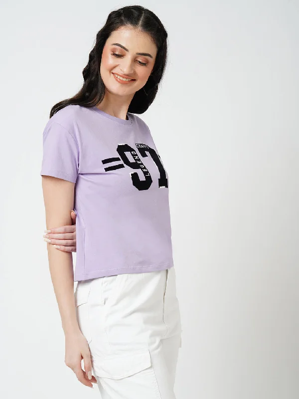 Women Lilac Chest Printed Short Sleeves T-shirt