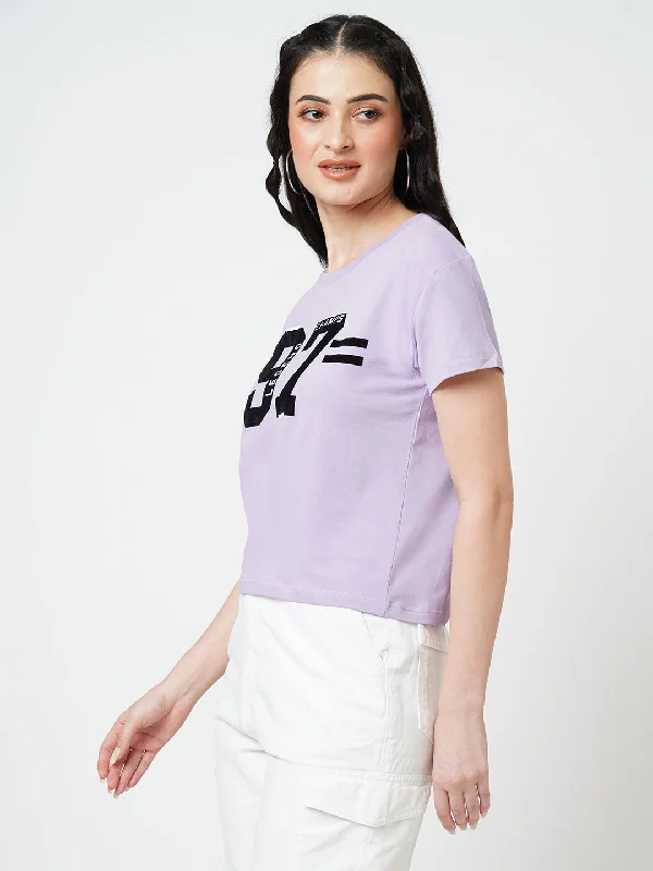 Women Lilac Chest Printed Short Sleeves T-shirt