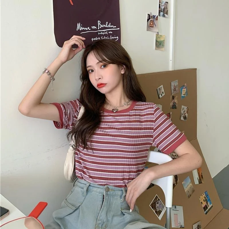 Women's Casual Contrast Color Striped T-shirts