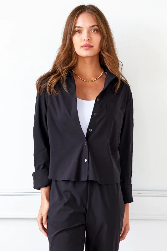 Andie Silky Poplin Cropped Black Blouse