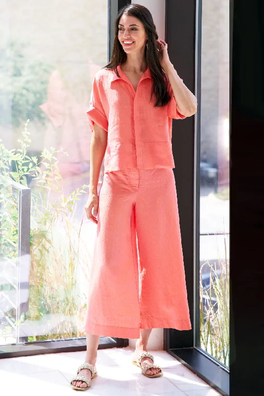 Bennett Cropped Linen Blouse, Peony Pink