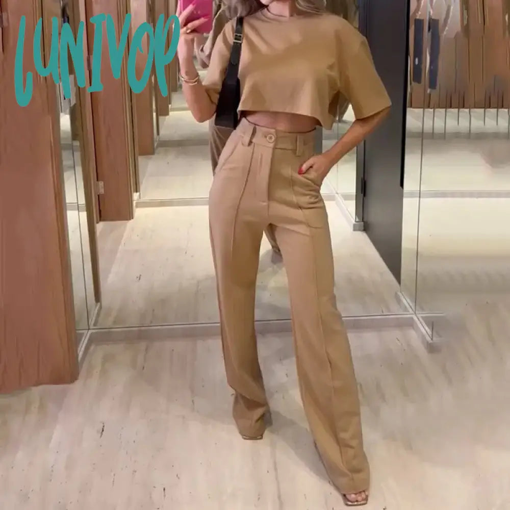 Lunivop Women Batwing Sleeve Shirt Two Piece Set Elegant Lapel Single-breasted Tops Straight Leg Pants Suit Spring Female Outfits