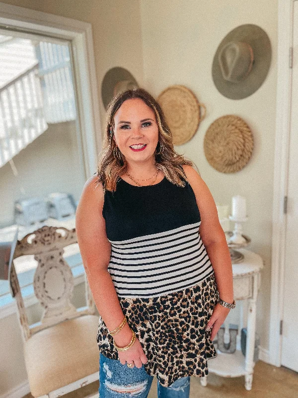 Treasured Love Striped and Leopard Print Block Tank Top in Black