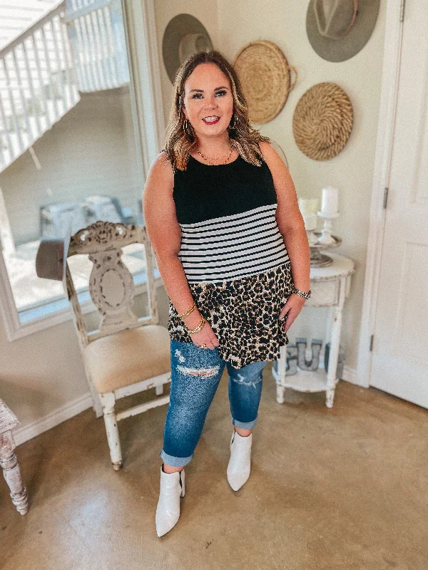 Treasured Love Striped and Leopard Print Block Tank Top in Black