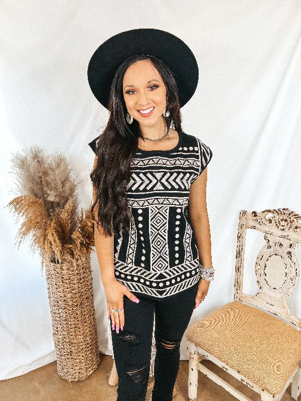 Last Chance Size Small | Call To You Ivory Pattern Embroidered Cap Sleeve Top in Black