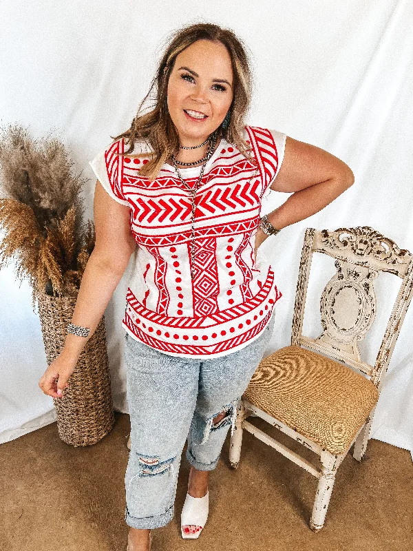 Last Chance Size Small | Call To You Red Pattern Embroidered Cap Sleeve Top in White