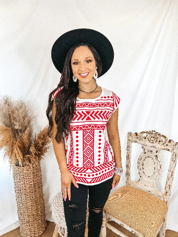 Last Chance Size Small | Call To You Red Pattern Embroidered Cap Sleeve Top in White