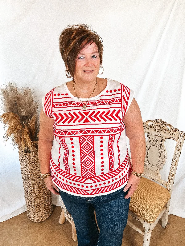 Last Chance Size Small | Call To You Red Pattern Embroidered Cap Sleeve Top in White