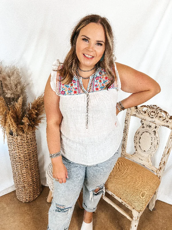 Sunny Perspective Ruffle Cap Sleeve Top with Embroidered Yoke in Ivory