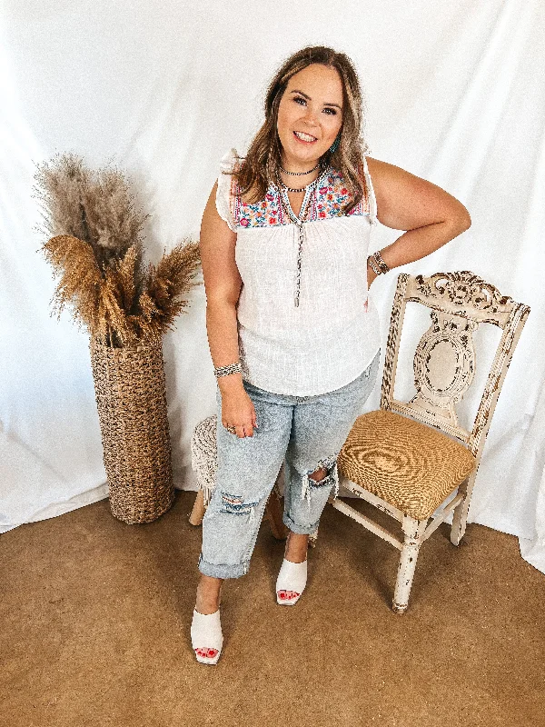 Sunny Perspective Ruffle Cap Sleeve Top with Embroidered Yoke in Ivory