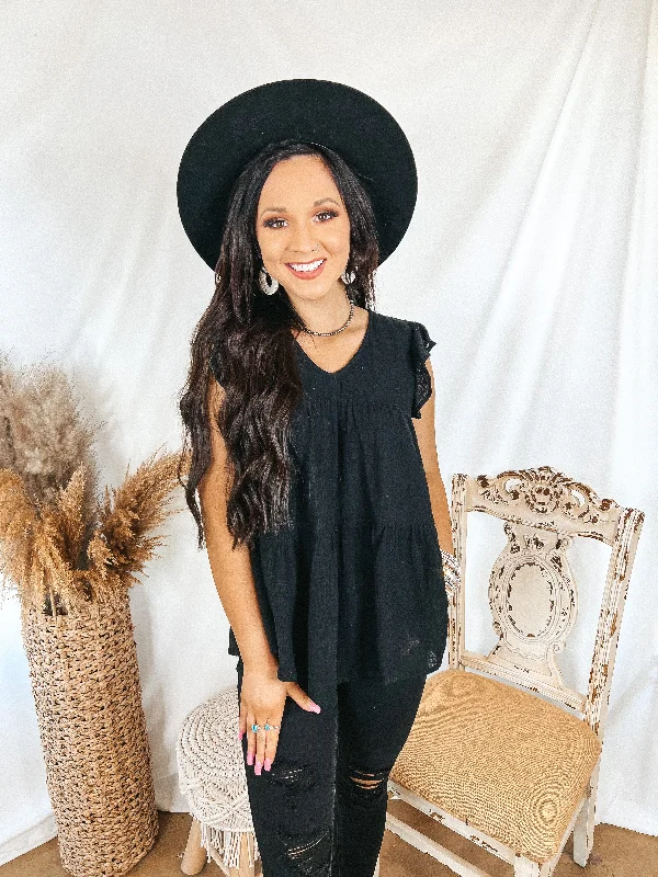 Stay Wonderful Solid Tiered Top with Ruffle Cap Sleeves in Black