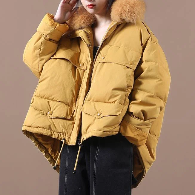 2024 plus size down jacket coats yellow faux fur collar drawstring duck down coat