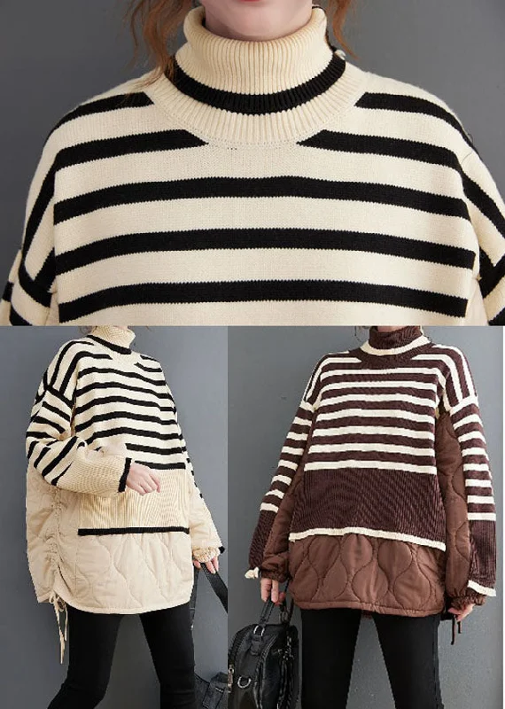 Chocolate Striped Knit Patchwork Fine Cotton Filled drawstring Winter sweaters Coat