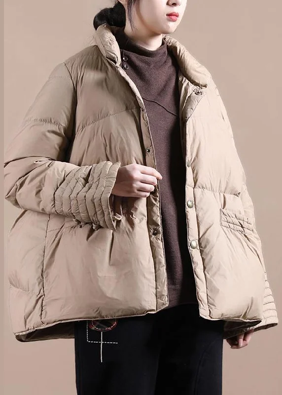 women khaki down coat winter stand collar Chinese Button Luxury overcoat