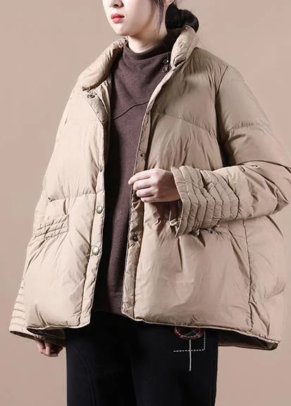 women khaki down coat winter stand collar Chinese Button Luxury overcoat