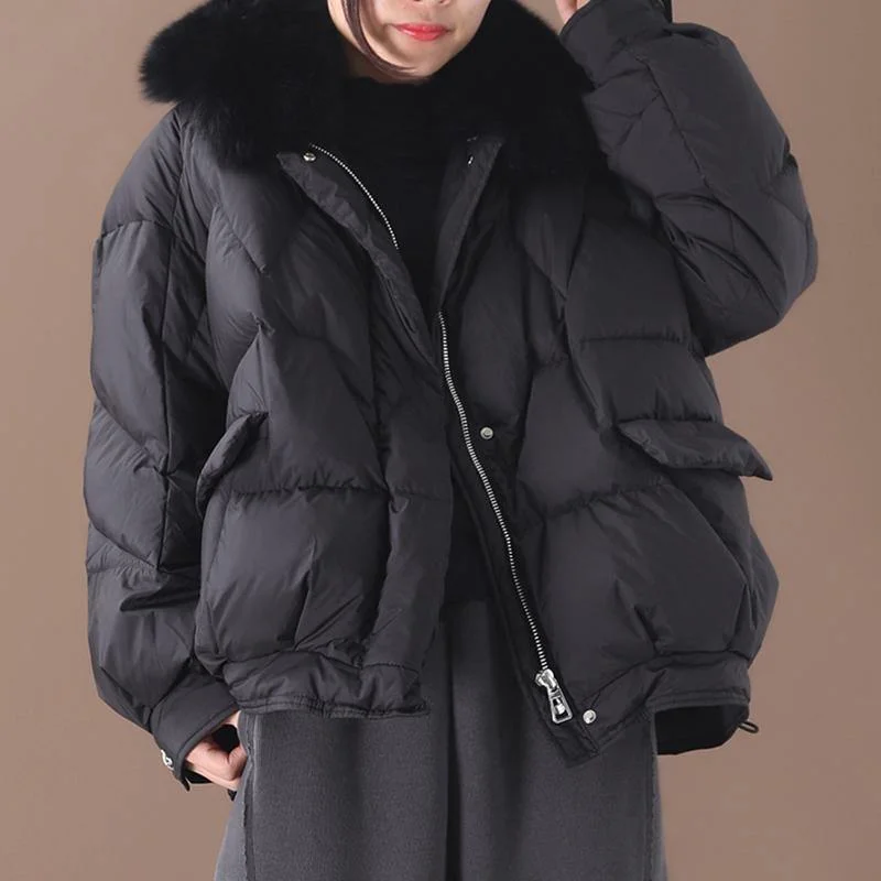 women plus size clothing down jacket winter outwear black fur collar drawstring down jacket woman